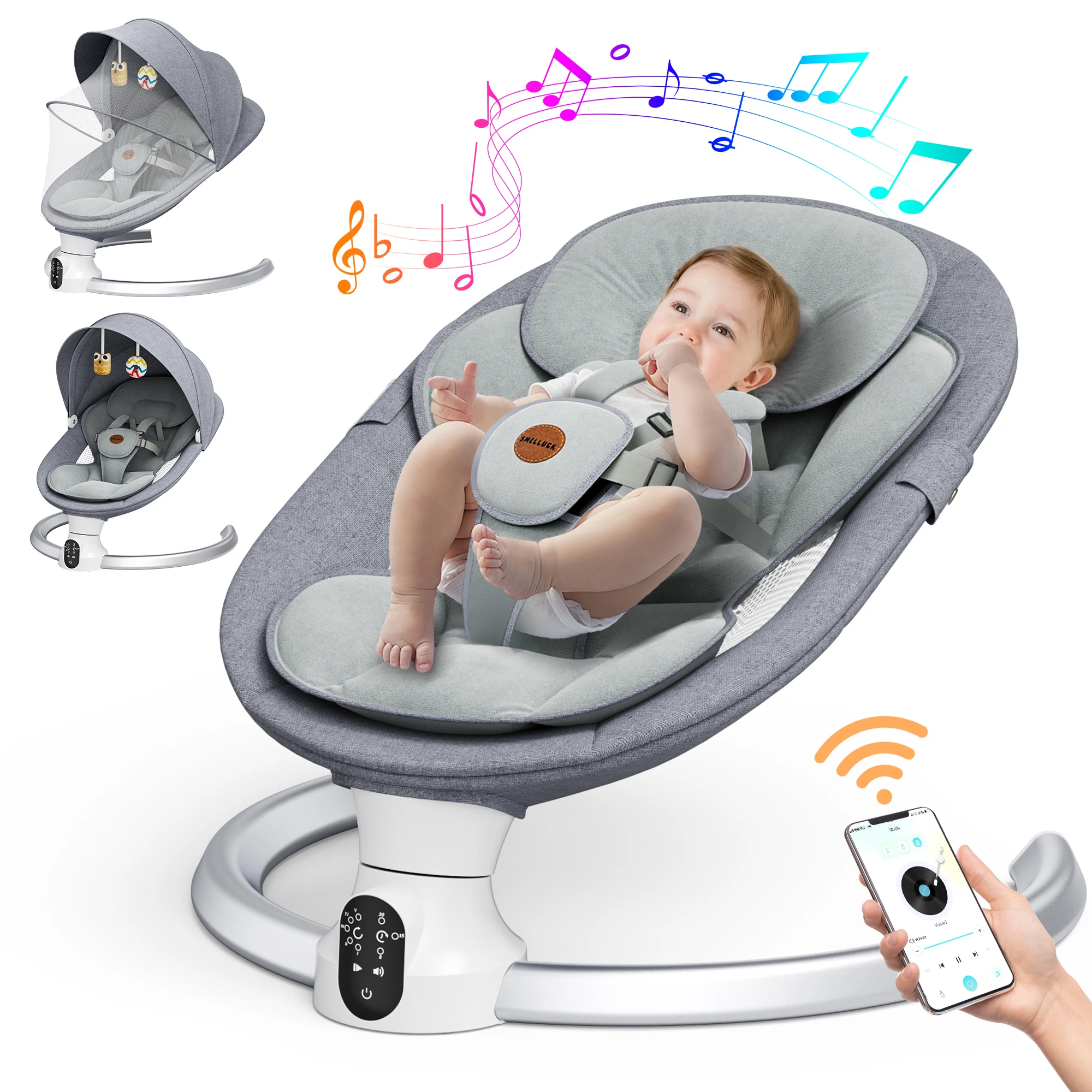 Agitateur électrique Bluetooth pour bébé, mise à niveau du agitateur électrique pour lave-vaisselle à 5 points avec 5 vitesses, 3 minuteries et 10 musique (gris clair)