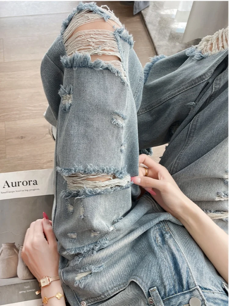 American Retro Hole-punched Jeans Women High Waist Straight-crotch Loose Slim Design High-street Vibe Wide-legged Dragging Pants