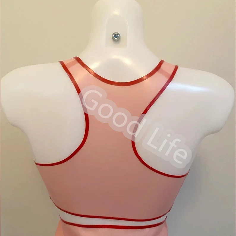 Handmade Sexy Latex Crop Top Pink With Red Trim Latex  Soft Bra Latex Sports Style Bralet Wth Contrast Trim