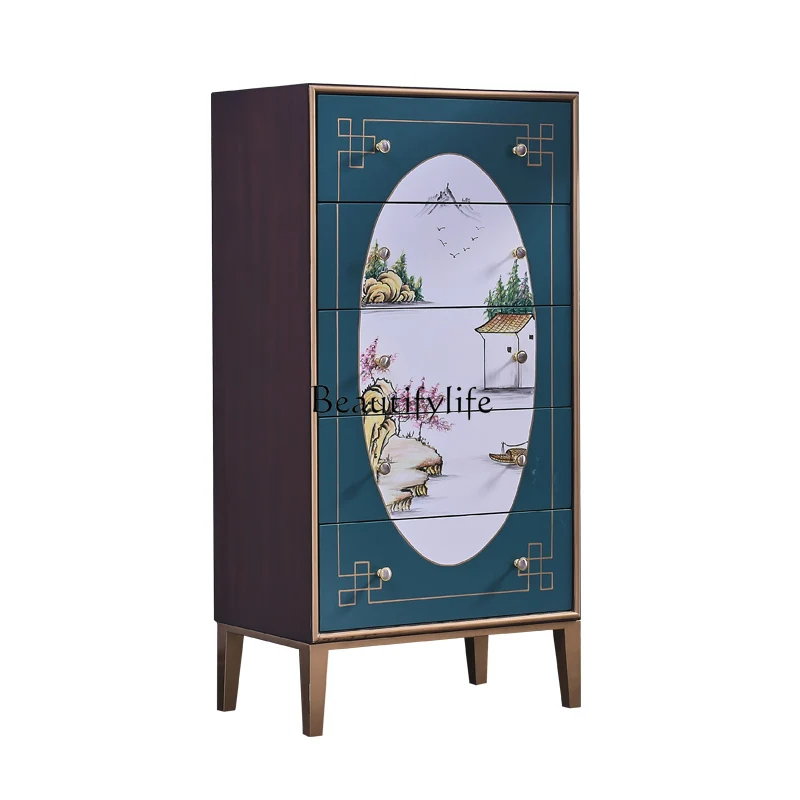 

New Chinese-style painted living room against the wall, retro entrance cabinet, light luxury solid wood storage cabinet