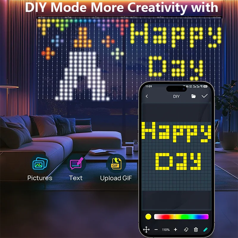 Led Smart Curtain Lights New year's garland App RGB Fairy Lights DIY Pattern Music Ambient Lighting For Home Holiday Party