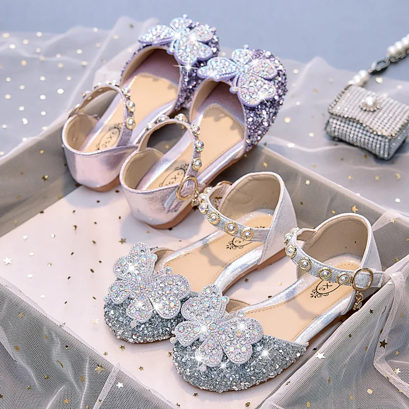 2026 New Girls Leather Shoes Flat Shoes for Wedding Party Glitter Rhinestone with Bow-knot Kids Dress Pendant Bling Sparkling