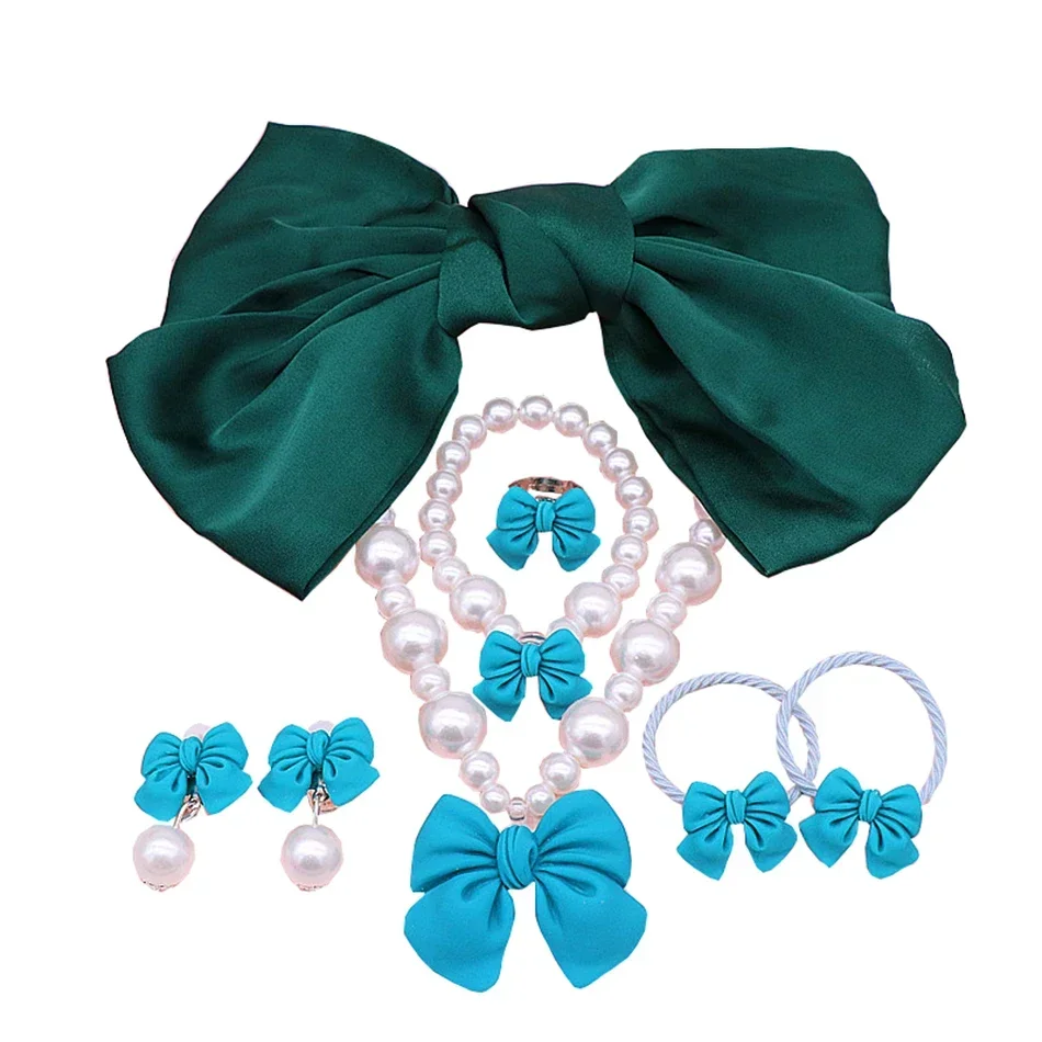 Girls Big Bow Hairpin Pendant Pearl Necklace Bracelet Ear Clip Children\'s Necklace Set Girl Jewelry Accessories Children\'s Gift