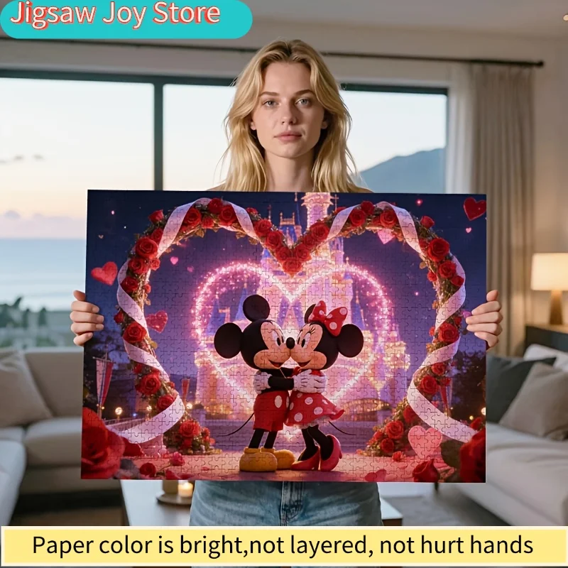 

2D Flat, 1000pcs Disney Mickey and Minnie Couple Puzzle | Valentine'S Day Gift, Rose Heart Castle Decor, Romantic Jigsaw Puzzl
