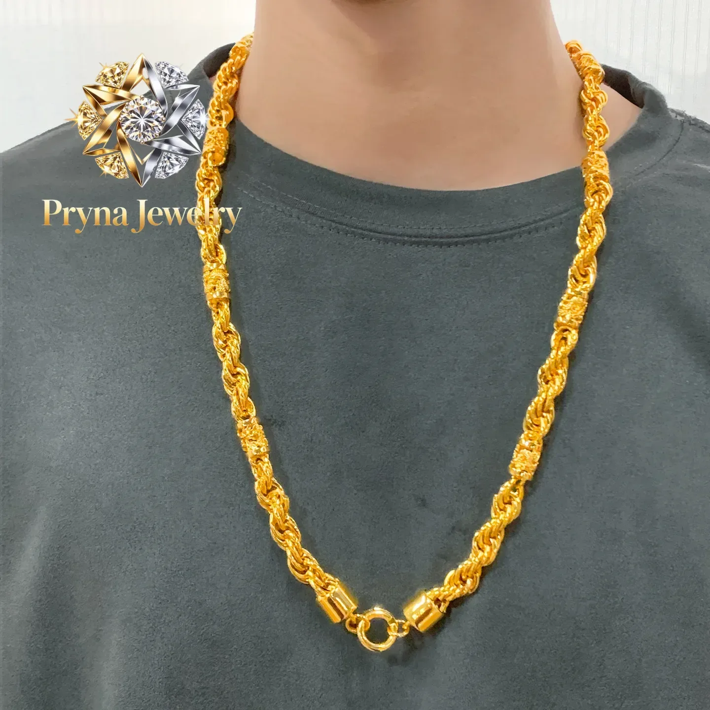 Pryna Jewelry   9999 24K real gold 10mm twist hollow dragon pillar necklace men's trendy and atmospheric necklace for wedding pr