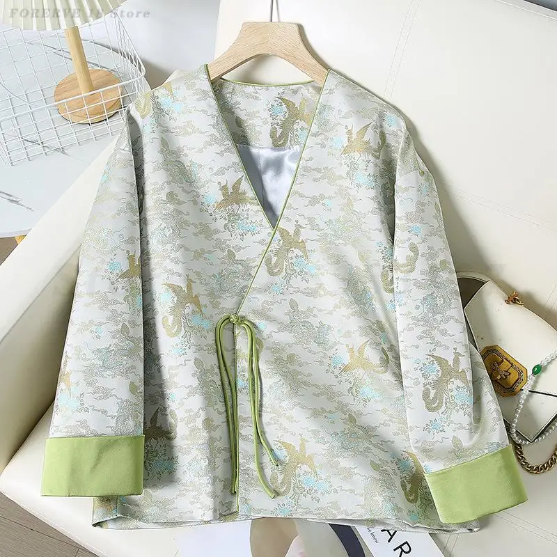 

New Chinese Style Printed Cardigan Jacket Spring Autumn Retro Zen Hanfu Outwear Long Sleeved Tang Clothes Coat Cheongsam Tops