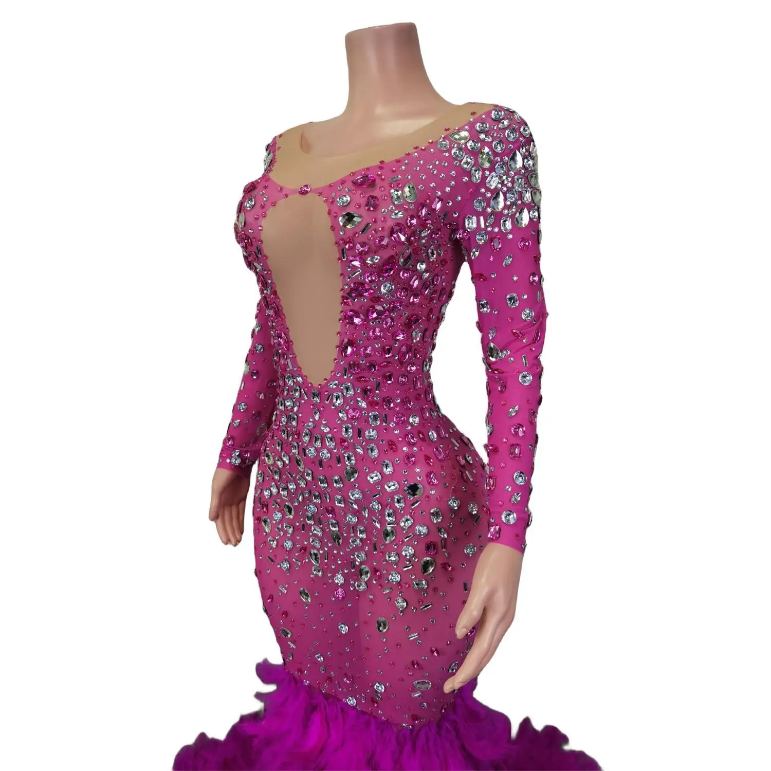 Gorgeous Sparkly Rhinestone Feather Floor-length Dress Wedding Dress Graduation Prom Dress Formal Event Red Carpet Evening Gown