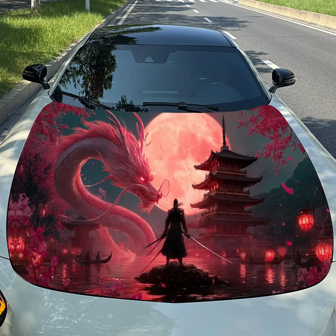

Samurai in Red Dragon Cherry Domain Car Vinyl Wrap, PVC Material Waterproof Car Hood Sticker, Self-Adhesive Scratch-Resistant St