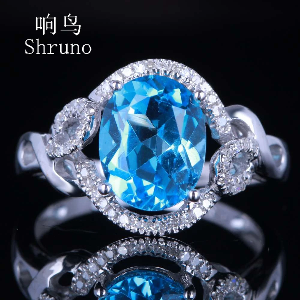 Shruno Solid 14K White Gold Natural Diamonds Engagement Ring Oval 10x8mm Genuine Blue Topaz Gemstone Jewelry For Women Gift