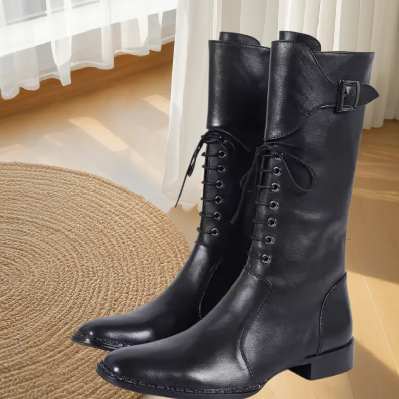 

Crossover Strap Shoes for Men Square Toe Low Heels Sewing Lines Males Mid Calf Boot Solid Chassure Hommes Pleated Zapatos Hombre