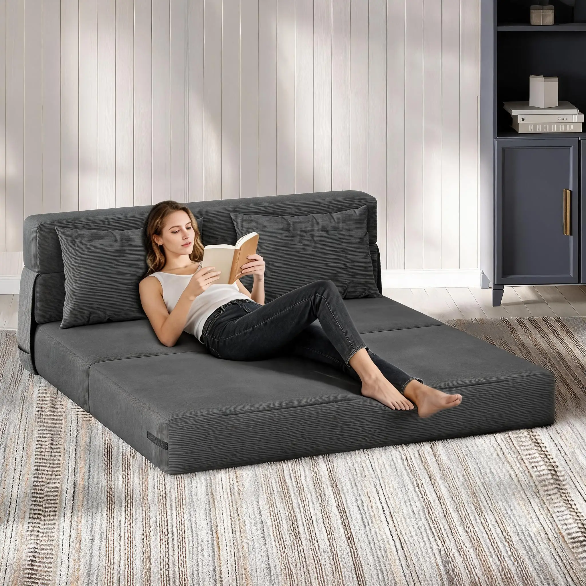 Divano letto trasformabile, pieghevole e senza necessità di montaggio – poltrona letto multifunzionale 4 in 1, divano futon e lettino da terra con cuscino – design moderno, disponibile in lino o