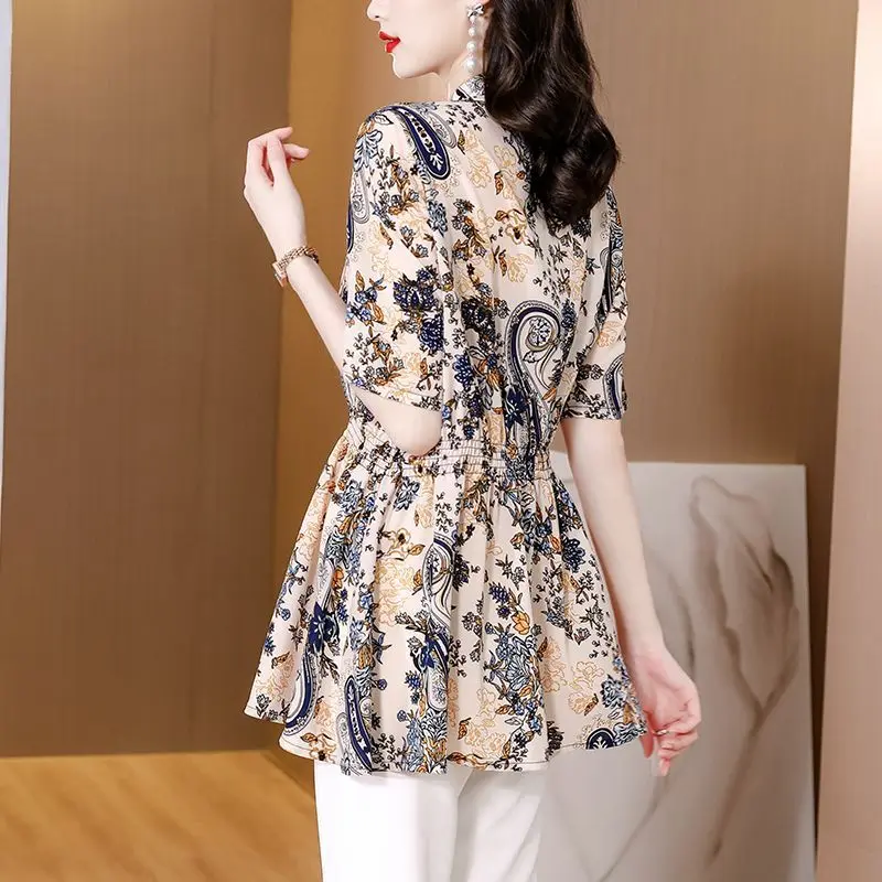 Floral Pleated Loose Office Shirt Tops Summer New Short Sleeve Print Button Thin Elegant Blouse Fashion Vintage Women Clothing