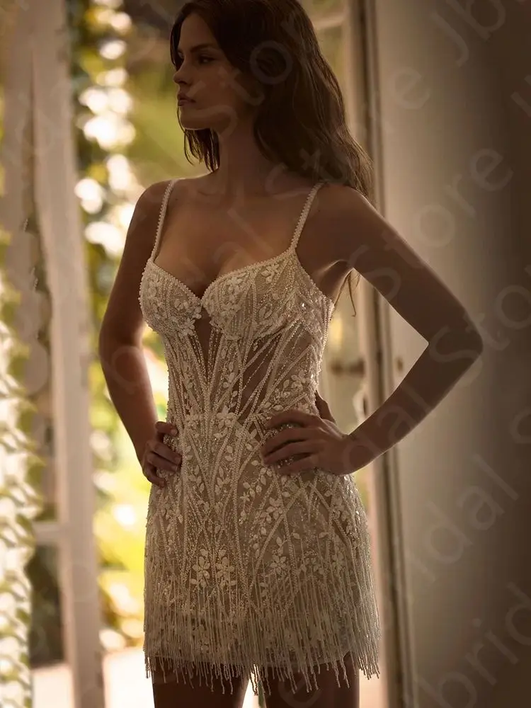 Customized Sexy Exquisite Wedding Dresses 2025 Bridal Gowns Lace Mini Length Bride Dress Sleeveless Tassel Wedding Gown Sequined image 5