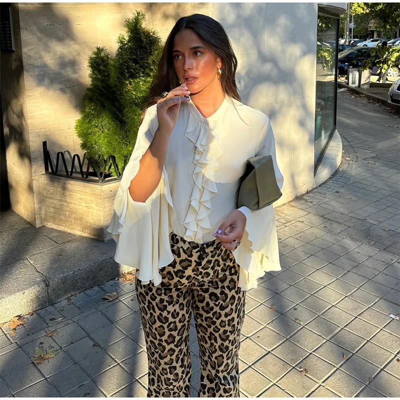 Camicie da donna con maniche svasate Ruffer Solido chiffon con scollo a V monopetto Top femminile 2025 Moda primaverile Elegante Lady Outwears