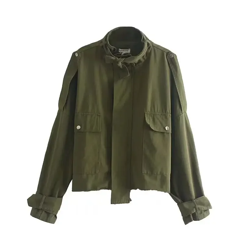 

Элегантная женская короткая куртка, модное осеннее свободное пальто с длинными рукавами и воротником до половины, уличная одежда, однотонные топы с карманами