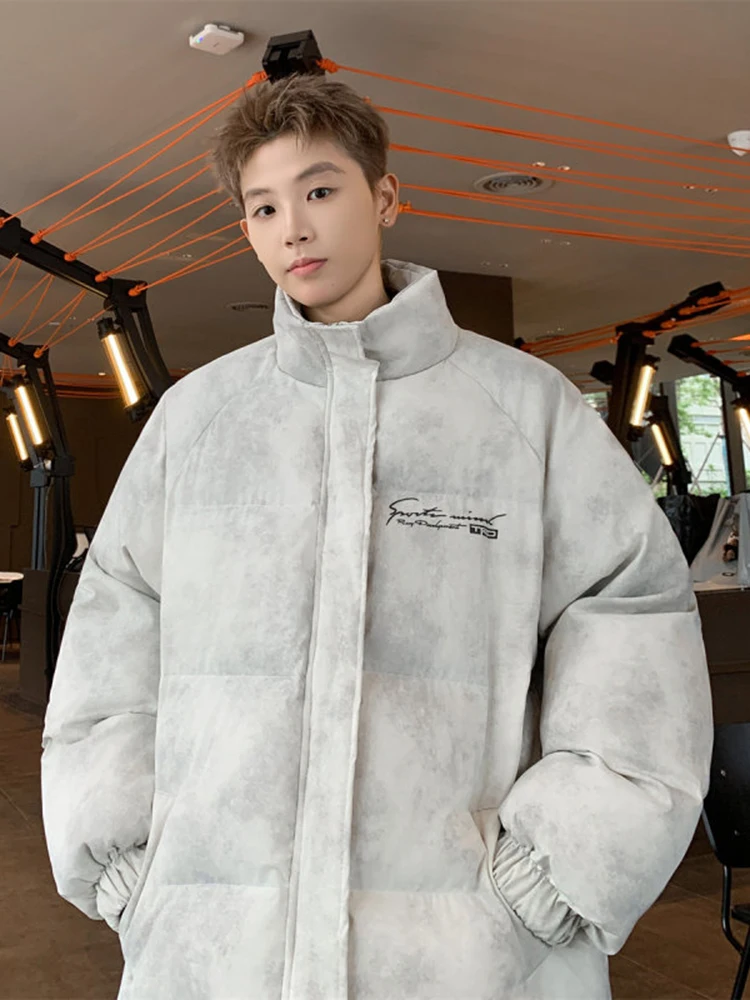 

Men's Winter Thiened Warm Stand Collar Cotton Jaet PU Leather Loose Fit Faionable Youth Brand Zipper Closure Long Sve