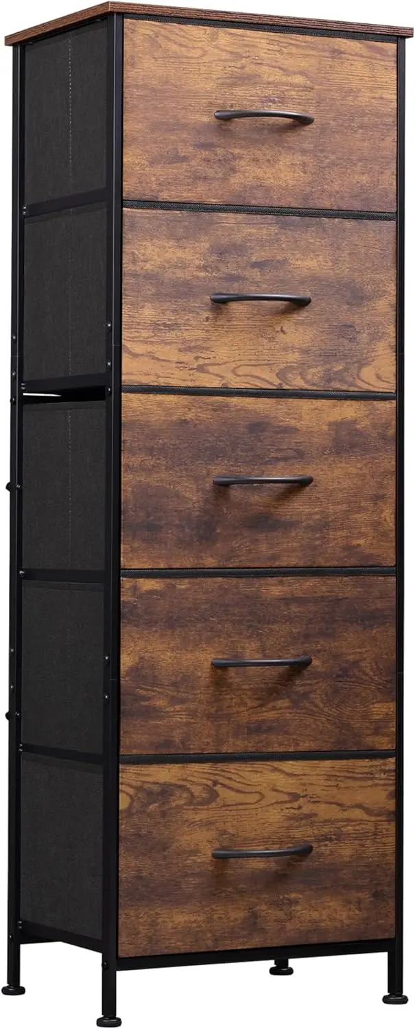 

Fabric Dresser, 5-Drawer Tall Dresser For Bedroom, Storage Organizer With Fabric Bins, Wood Top, Sturdy Steel Frame, Chest Of