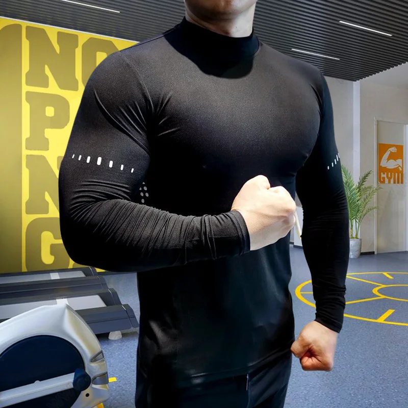 Men Compression Sport Tops High Collars Elasticity Breathable T-Shirt Gym Running Sweatshirt Fitness Tight Clothing