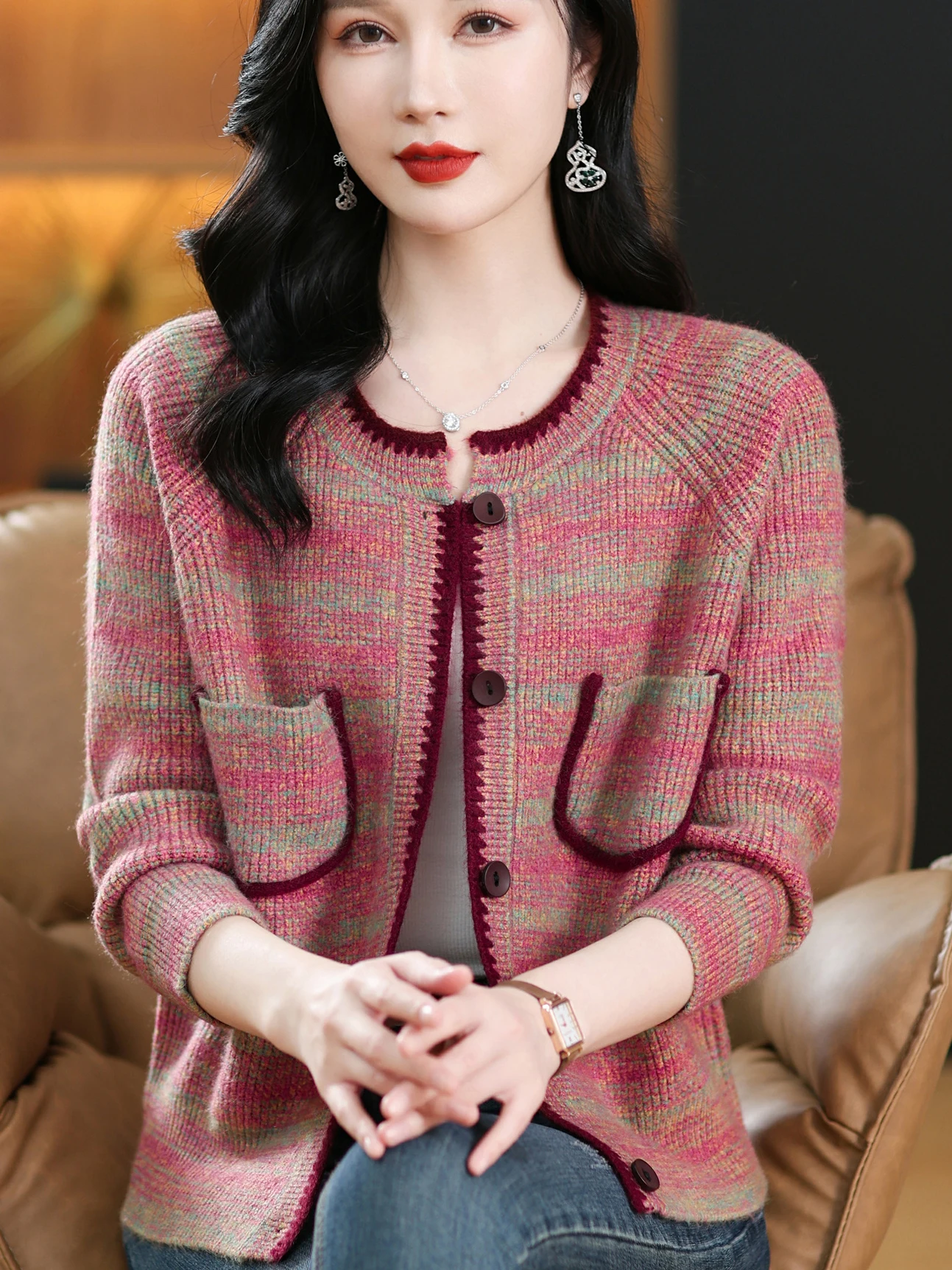 

Ladies Knitted Wool Open Cardigan Loose Sle Faionable Spring Autumn Middle Age Mommy Wear Casual Striped Patterned Single...