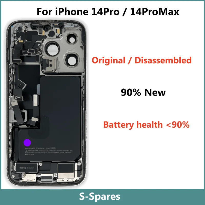 

90% новый, оригинальный разобранный корпус средней рамы, задняя стеклянная крышка для iPhone 14 Pro Max, с аккумулятором NFC, беспроводная сборка
