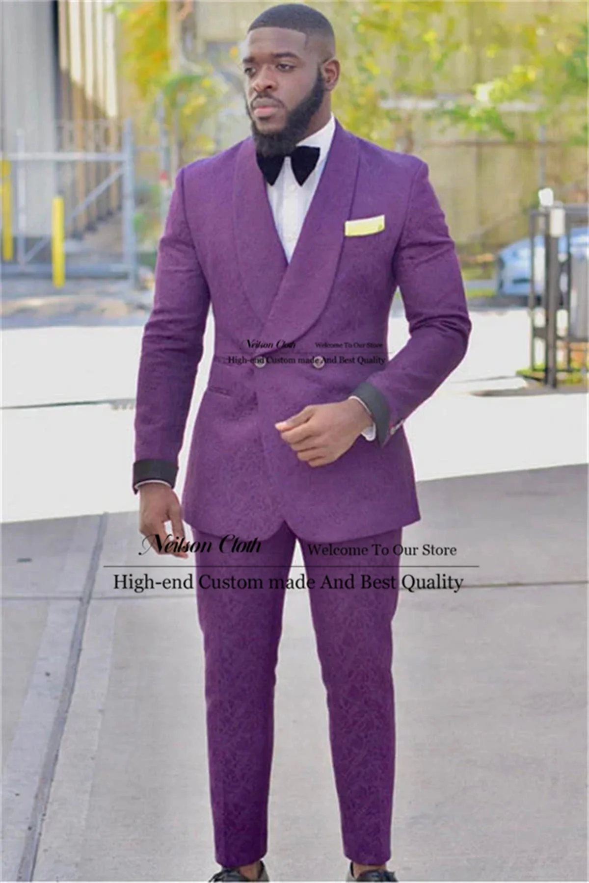 

Fashion Purple Jacquard Male Prom Blazers 2 Pieces Sets Shawl Lapel Groom Wedding Tuxedos Customized Slim Fit Costume Homme