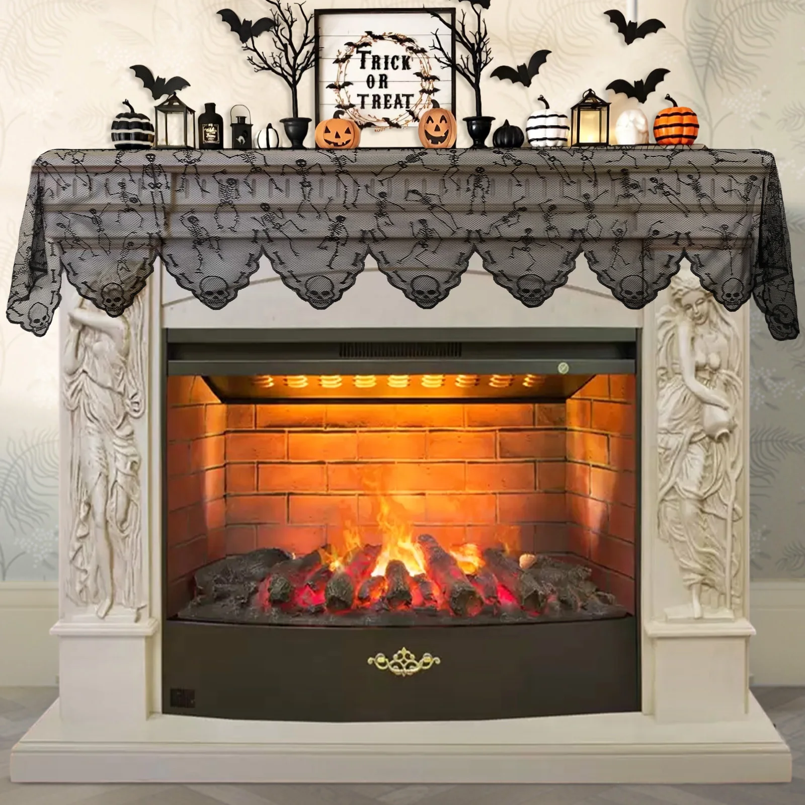 OurWarm Halloween Lace Fireplace Scarf Creative Skull Dance Fireplace Scarves Stove Cloth Ghost Festival Party Halloween Decors