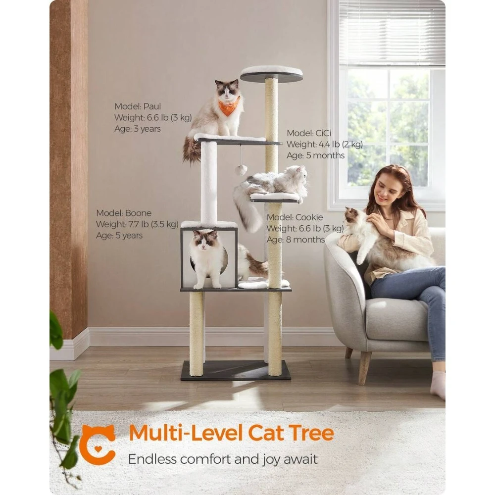 

65-Inch Modern Cat Tower For Indoor Cats, With 5 Scratching Posts, Perch, Washable Removable Cushions, Cat Furniture