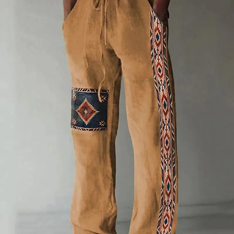 Винтажные мужские брюки в этническом стиле, летние брюки, пляжные брюки, повседневные брюки с эластичной резинкой на талии и 3D геометрическим принтом