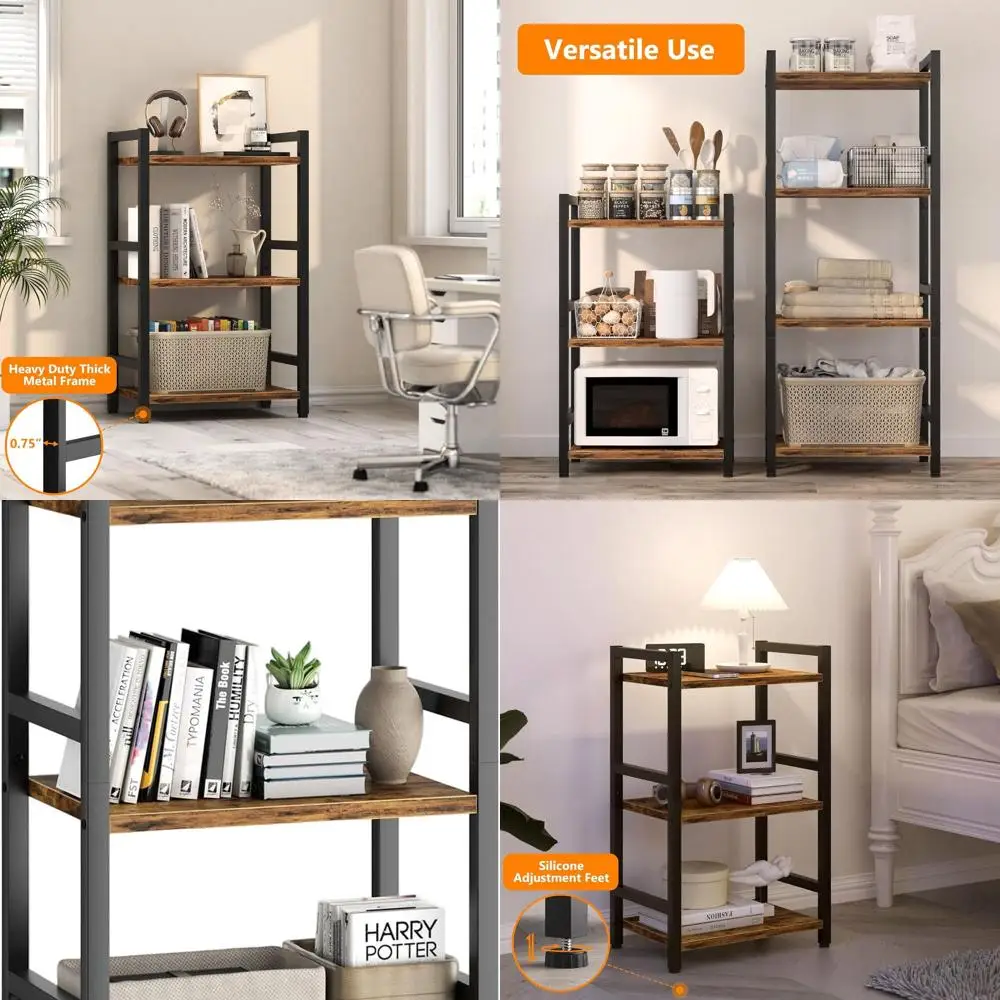 3-Tier Steel Frame Bookshelf - Compact Storage Organizer for Books, CDs, Movies in Rustic Brown