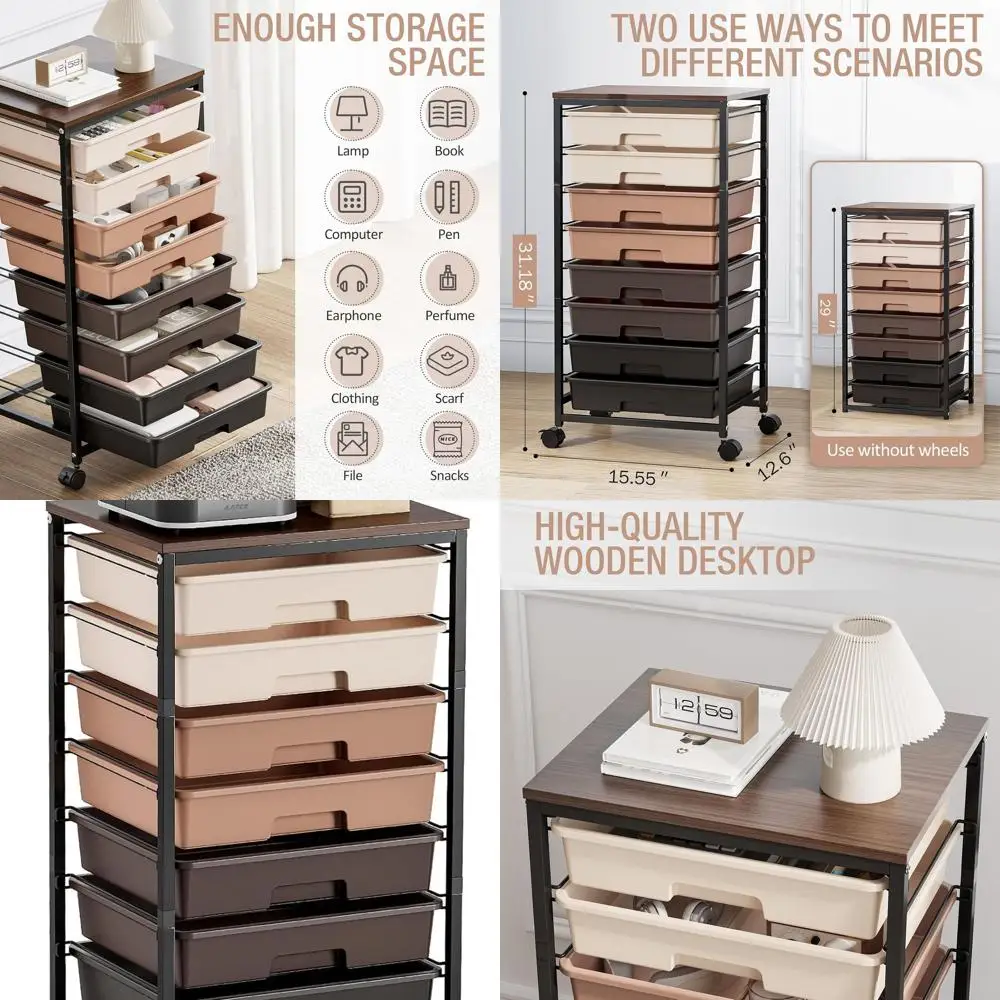 

Brown Wooden 8-Drawer Cart with Wheels for Storage in Office, Arts, Classroom, and Bedroom