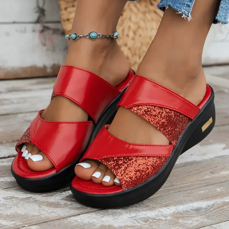 Women Wedge Slippers Glitter Platform Comfortable Sandals Casual Sling Backs Slippers New Summer Shoes for Women Slides Women