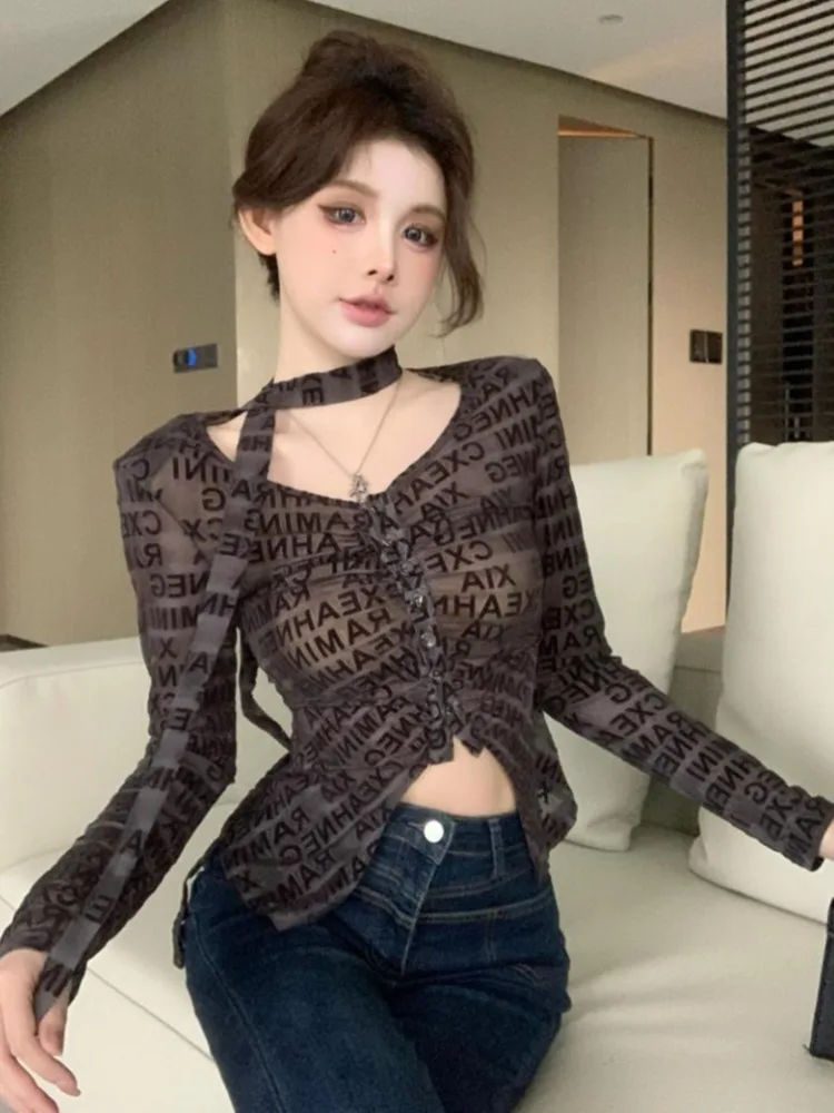 

Slim Fit Long Sleeve V-Neck Mesh Base Shirt Women's Autumn Design Letter Print Elegant Top Belly Button Exposure