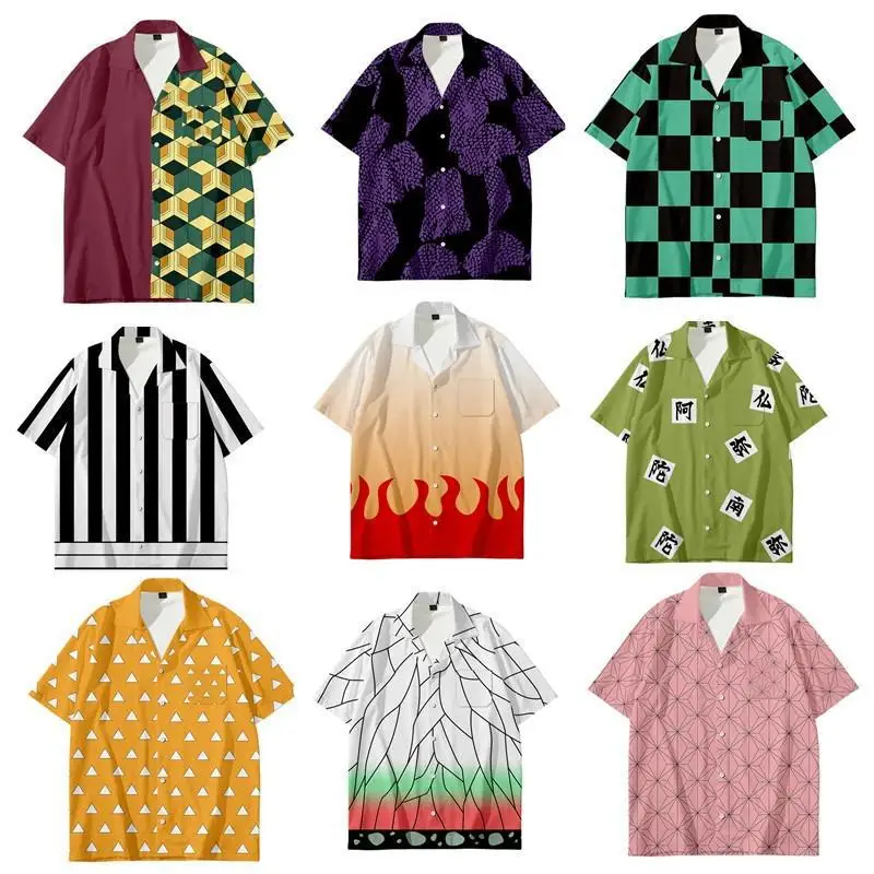 

Tanjiro Kamado Green Black Plaid Casual Shirts Cosplay Kimetsu Yaiba Anime Demon Beach Shirt Hawaii Novelty Blouses