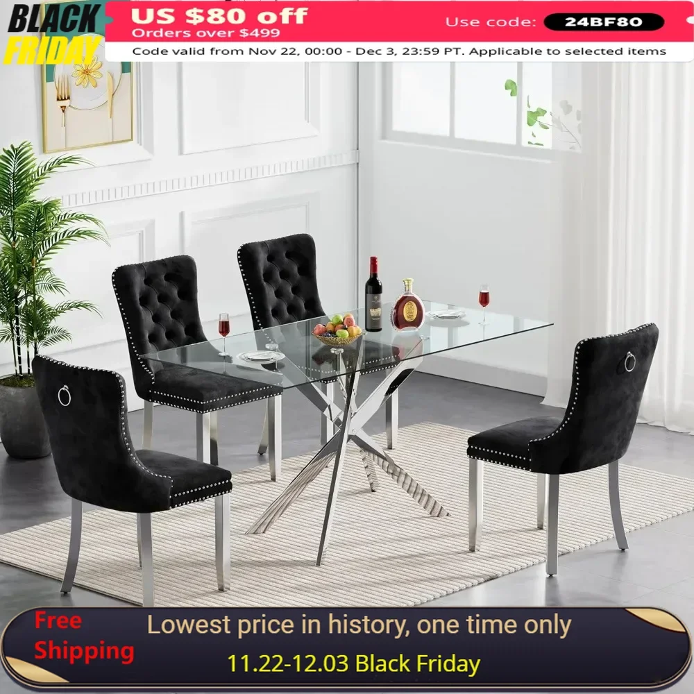 5 Piece Glass Dining Table Set, 4 Velvet Upholstered Chairs for Kitchen Dining Room, Modern Glass Dining Table Set