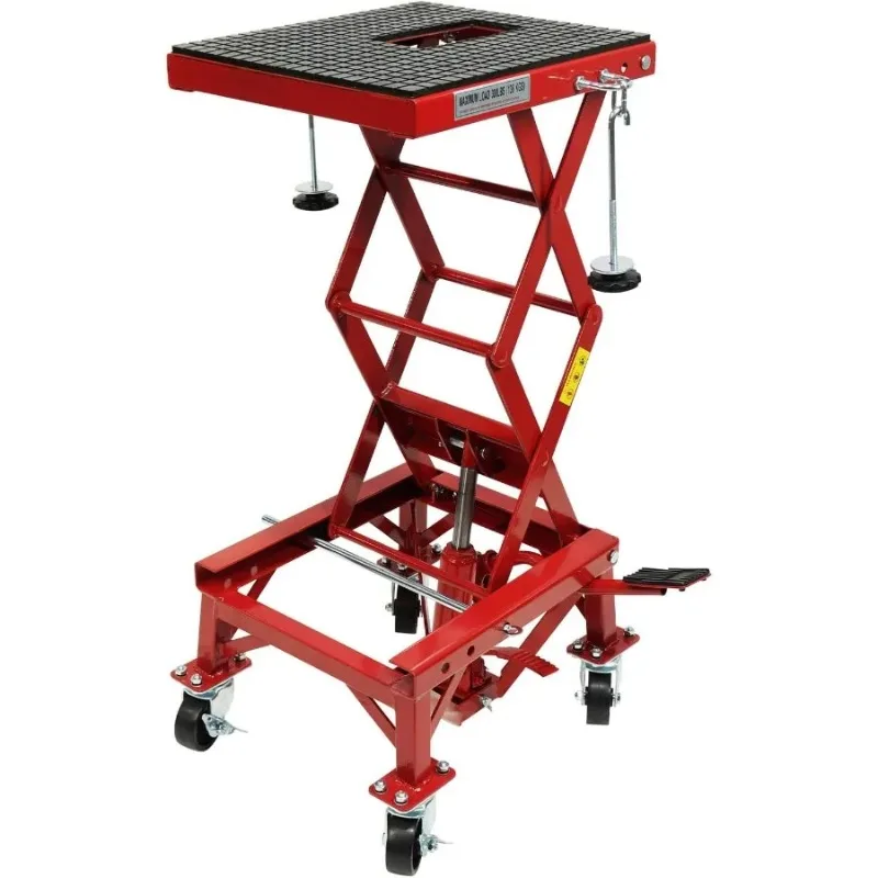 Hydraulic Motorcycle Lift Table, 300 Lb Heavy  Motorcycle ATV Lift Jack Table with Wide Deck, J-Hooks & 4 Wheels, Foot Opera
