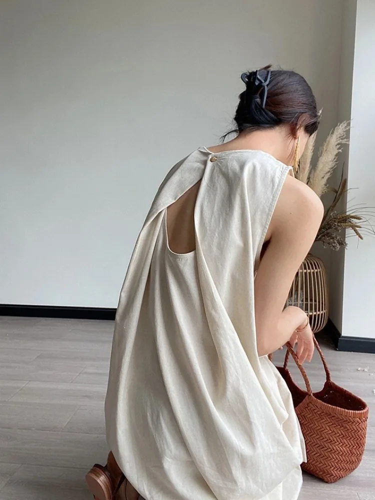 Women\'s Summer Vintage Cotton Linen Long Tank Dress Backless Sleeveless Elegant Loose Maxi Sundress Korea Style Sarafan