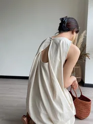 Women's Summer Vintage Cotton Linen Long Tank Dress Backless Sleeveless Elegant Loose Maxi Sundress Korea Style Sarafan