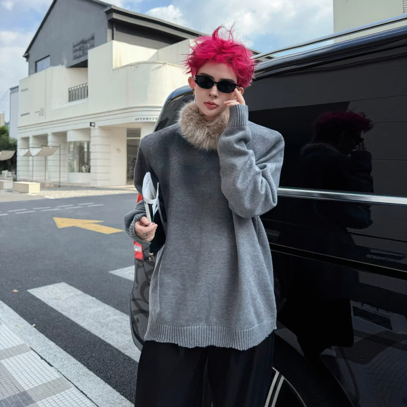 

Мужской зимний винтажный вязаный свитер с отстегивающимся меховым воротником и принтом в стиле спрей-пейнтинг, повседневный, теплый, модный