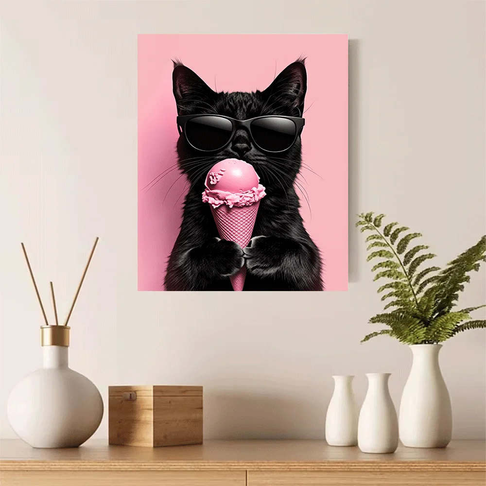 1PC-Canvas poster Unframed  Black Cat With Sunglasses Eating Pink Ice Cream Art Print  summer