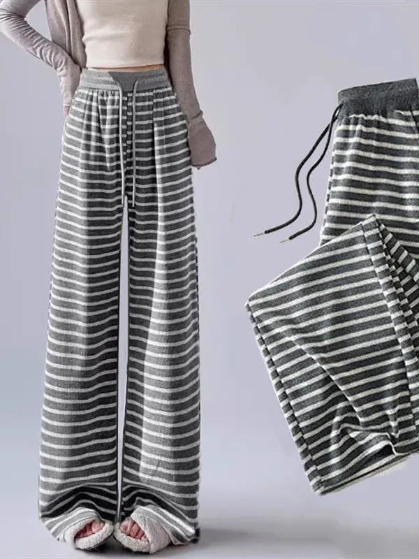 Automne incontournable paresseux jambe droite pantalon coréen Sle rayé pantalon décontracté avec kets doux drapé dames taille haute pantalon