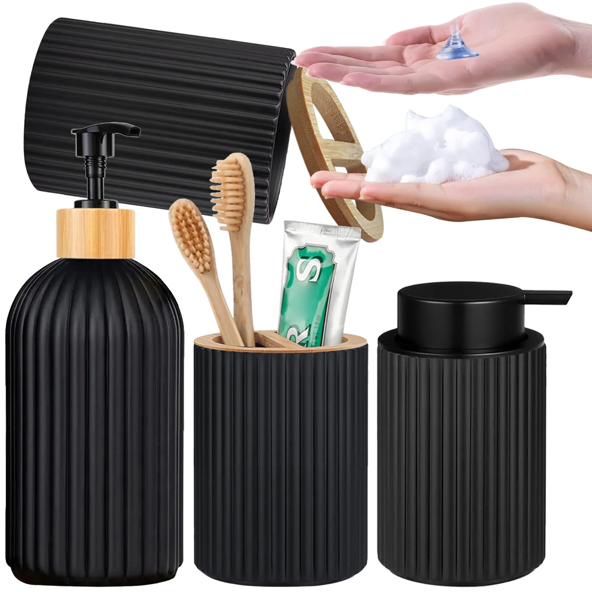 2pcs/set Hand Foaming Soap Dispenser Bottle with Toothbrush Toothpaste Holder Morden Stripe Design Hand Dispenser Bomboo Pump Li