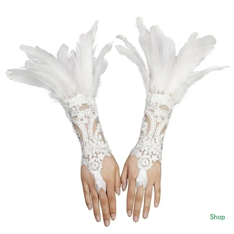 

Dropship Gothic Feathered Floral Lace Long Gloves Bridal Wedding Gloves with