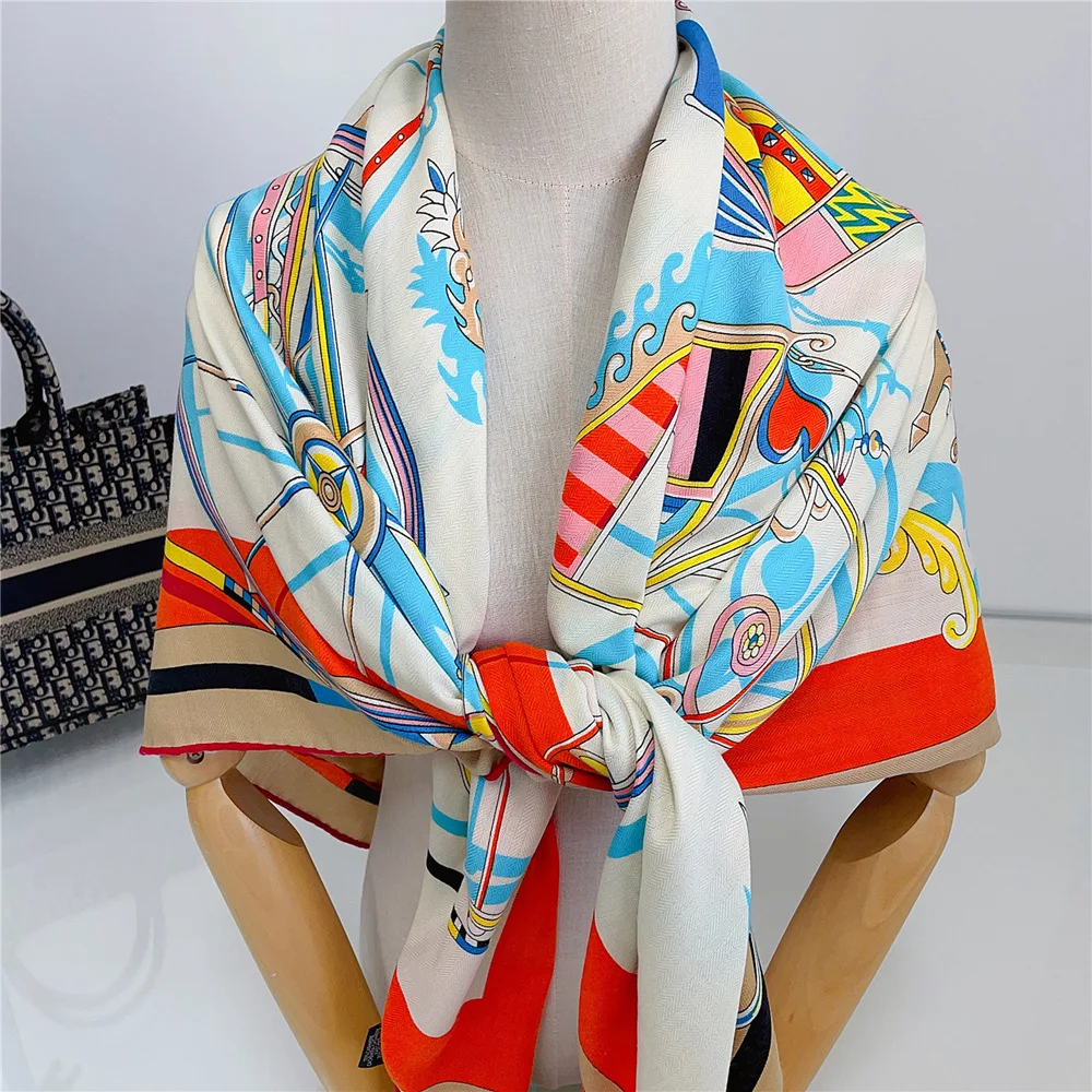 Voitures en Equilibre shawl 140 Cashmere Silk Scarf Designer Pashmina Shawls for Women Square Hem Rolled Edges Stole