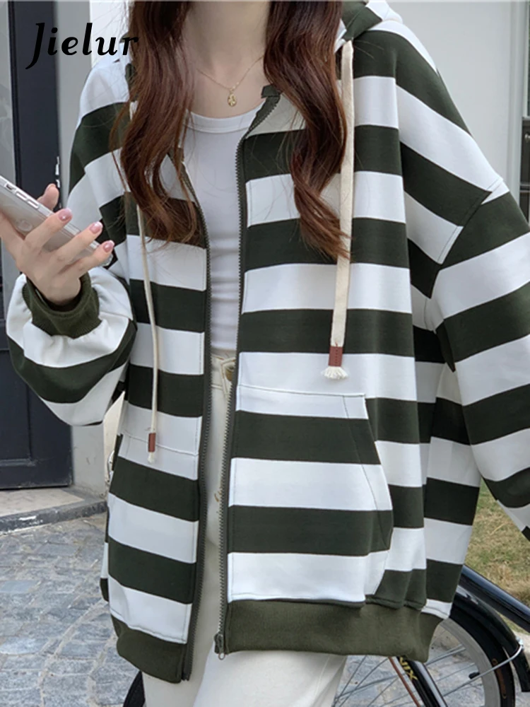 Jielur New Korean Style Zipper Striped Female Hoodies Autumn Loose Casual Drawstring Streetwear Long Sleeve Women Sweatshirts