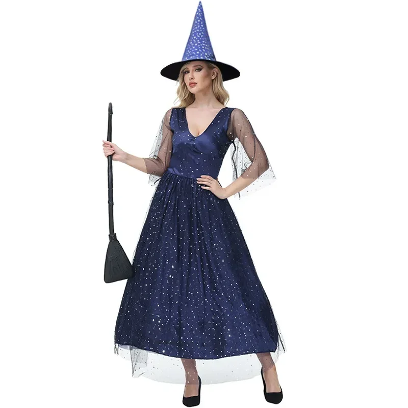 Halloween adulto com decote em v gaze azul estrela lua bruxa cosplay traje