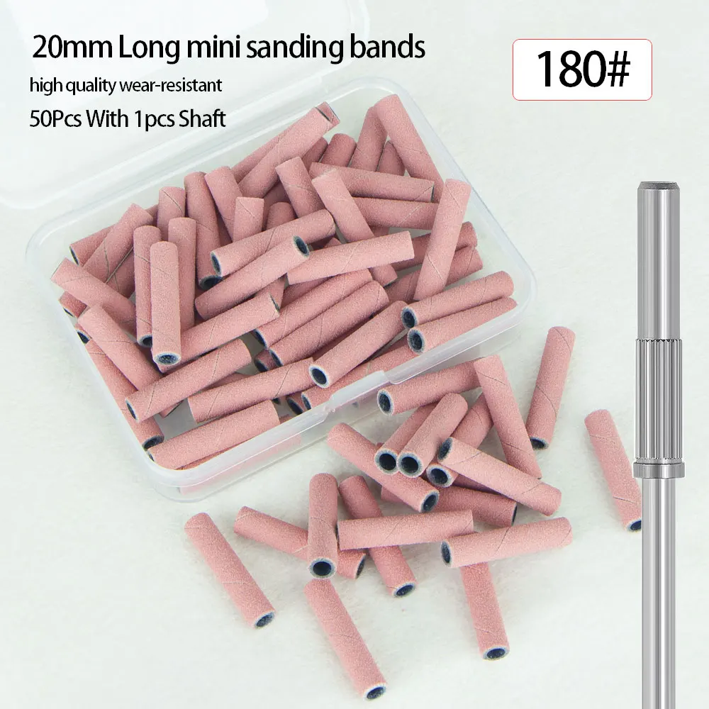 50 Stück 20 mm lange Mini-Schleifbänder mit 1 Stück Metallschaft-Nagelbohrer-Set zum Entfernen von abgestorbener Haut, Acrylnägeln und Gel. – Detail 3