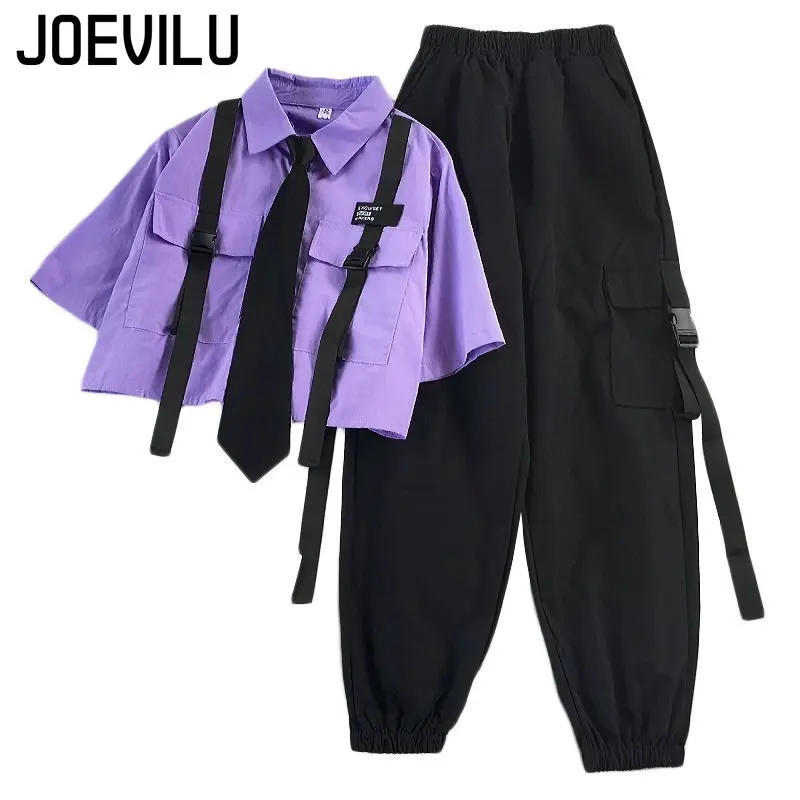 Summer Pants Suit Women\'s Korean Loose Tie Short Sleeve Shirt High Waist Straight Leg Overalls 2 Piece Sets Streetwear Outfits