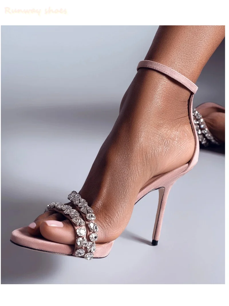 Black Rhinestone Chain Decorative Silk Satin Fabric Women's Sandals Pointed Exposed Toes Stilettos Women's Shoes For Banquets