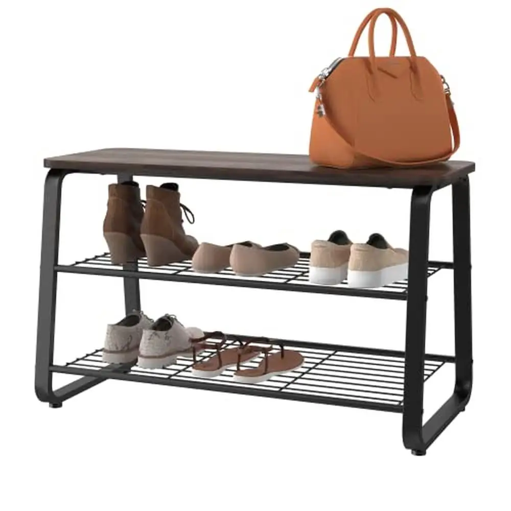 

3 Tier Shoe Rack Bench Metal Frame Wire Shelves Wood Seat Entryway Mudroom Living Room Modern Finish Storage Organizer Tool