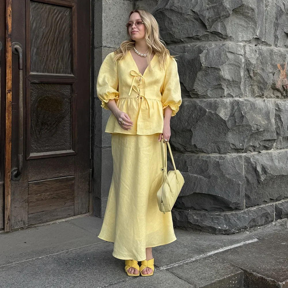 

2 Piece-Set Maxi Skirt For Women Summer Ruffled V-Neck Lace-Up Short Sleeve Shirts Top And Slim High Waist Long Skirt Sets